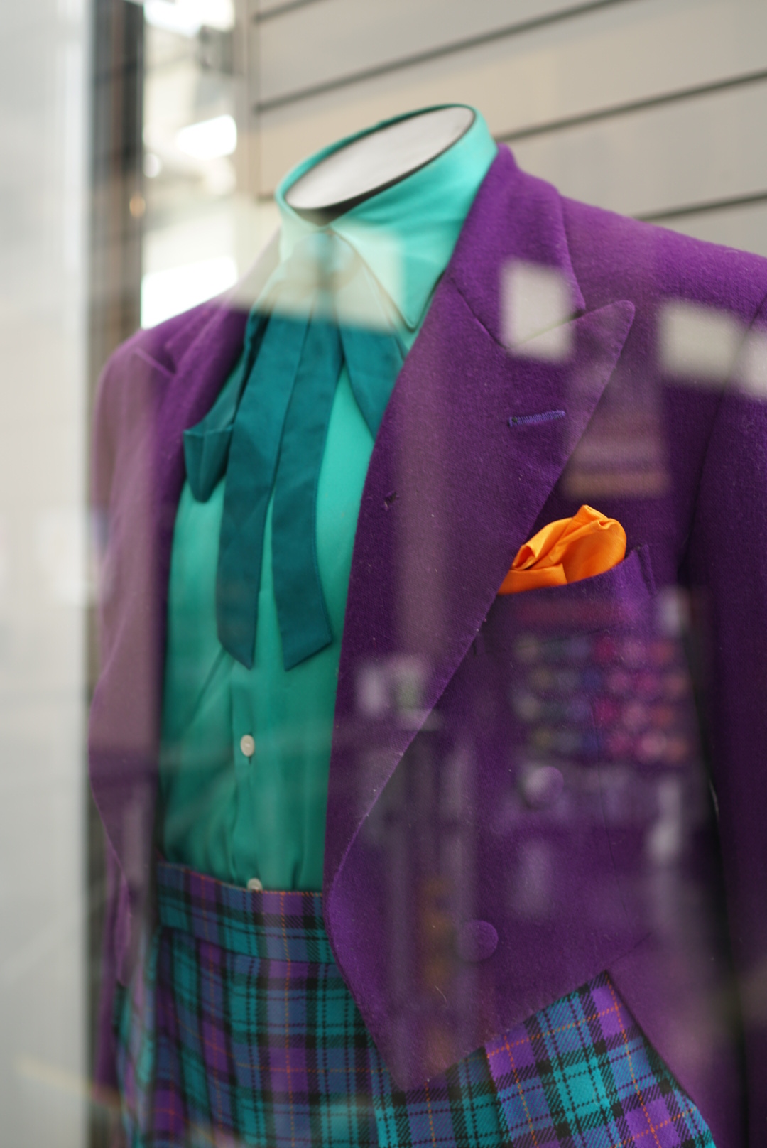 Screen-used Joker costume display (BFI - photo credit Paul Wares)