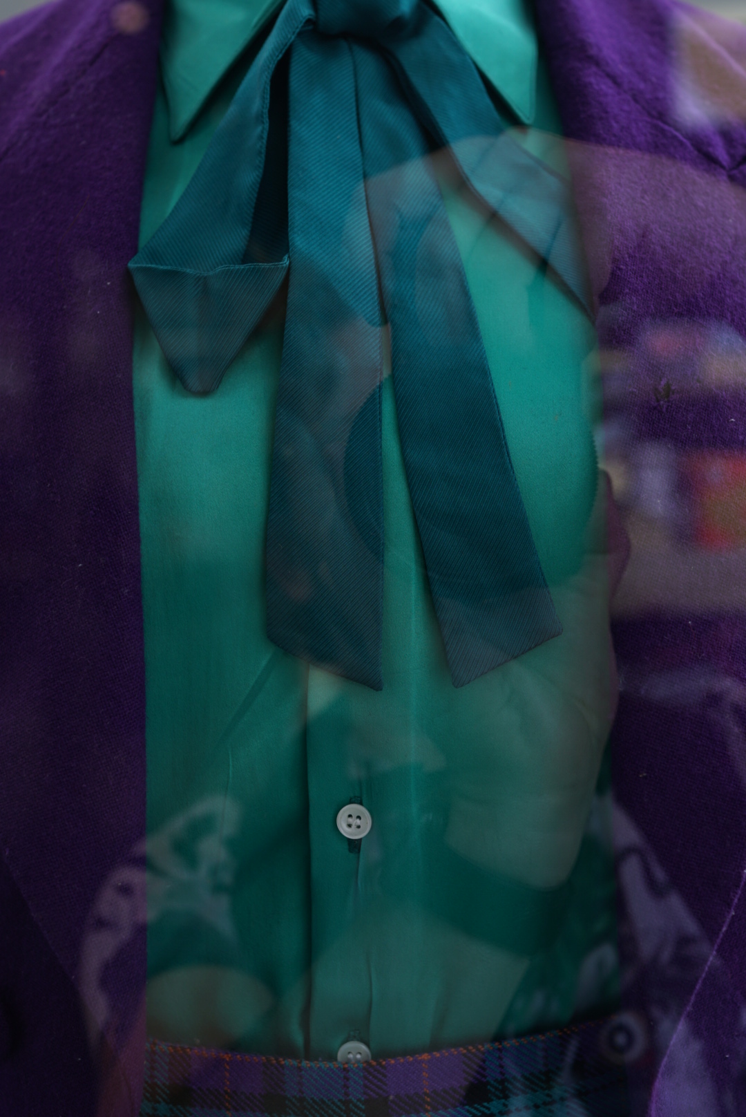 Screen-used Joker costume display (BFI - photo credit Paul Wares)