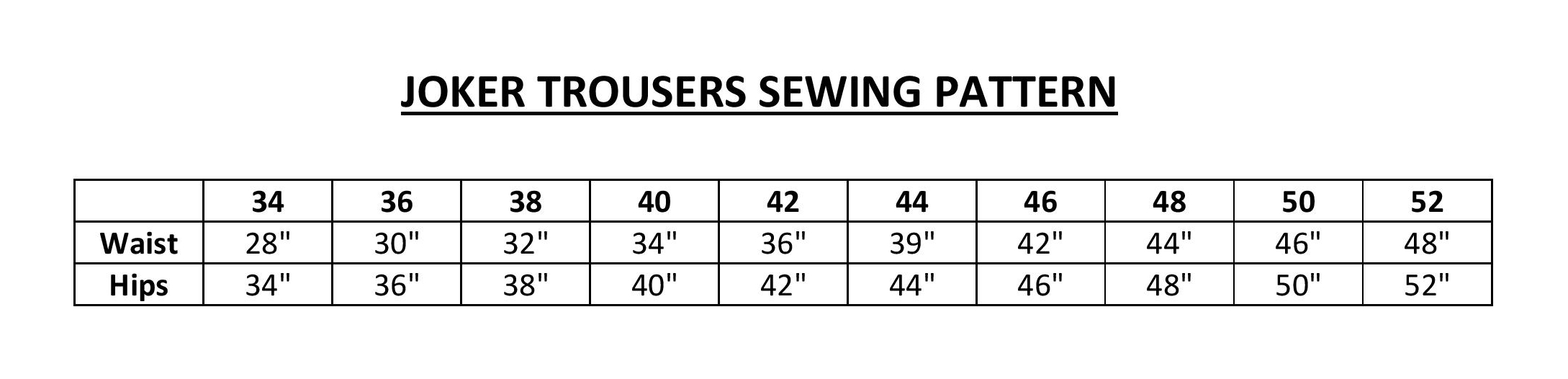 Joker trousers sewing pattern sizing chart - Tailors Gone Wild